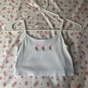 Princess Polly White Tank Top with Pink Floral Embroidery